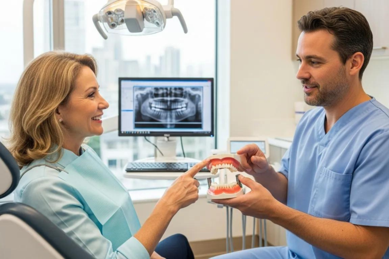 Dental implants vs dentures comparison showing natural-looking implant teeth and removable dentures for Fleetwood patients.