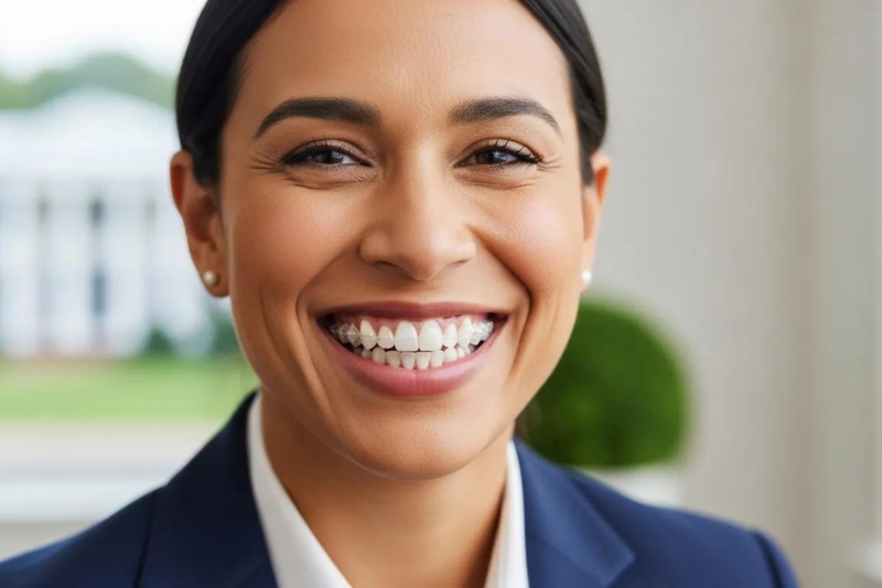 Mt. Vernon professional using Invisalign clear aligners for discreet teeth straightening at work.