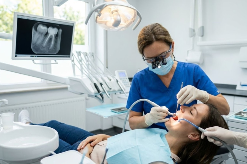 Dentist performing a root canal procedure on a patient at a Mount Vernon dental clinic to treat infection and relieve tooth pain.